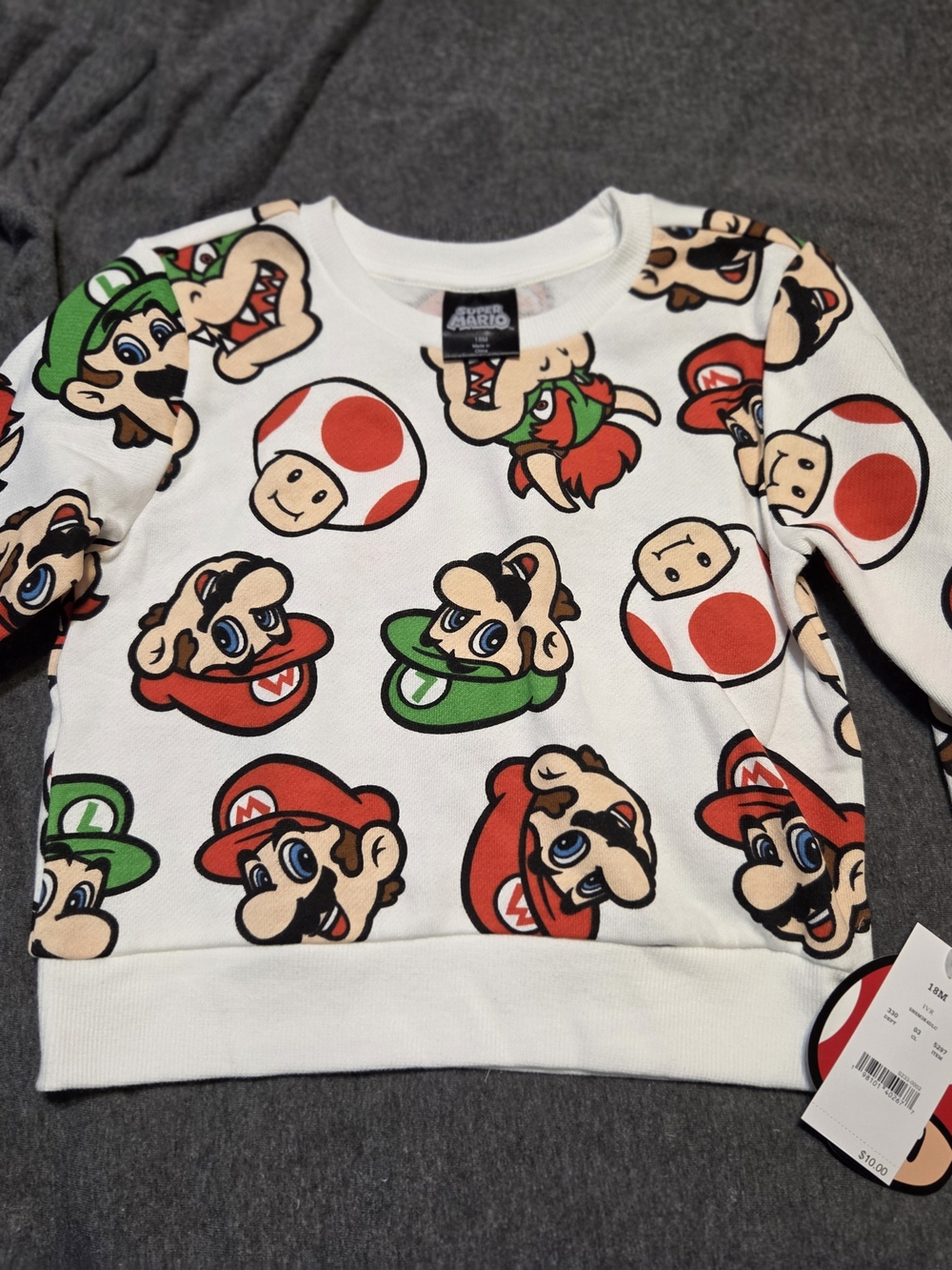 18M Nintendo White Kids Sweatshirt with Red & Green Super Mario Faces